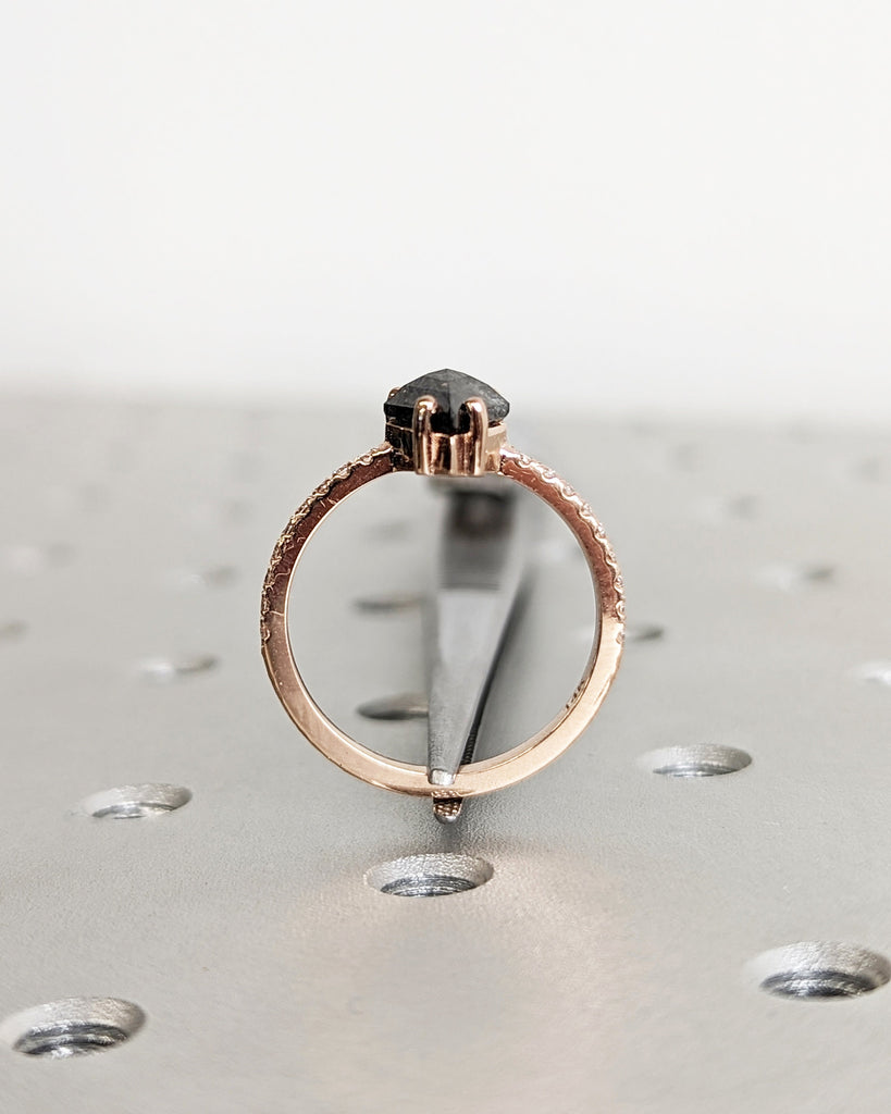 Raw Diamond Fan Cut Diamond, Salt and Pepper, Unique Engagement Ring, Rose Gold Geometric Diamond Ring, 14k Gold, Custom Handmade, Hammered