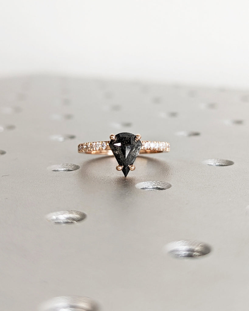 Raw Diamond Fan Cut Diamond, Salt and Pepper, Unique Engagement Ring, Rose Gold Geometric Diamond Ring, 14k Gold, Custom Handmade, Hammered