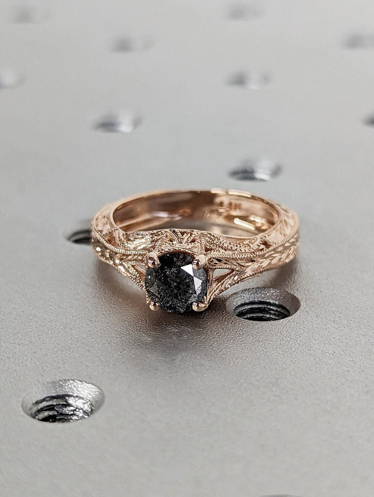 Natural Salt and Pepper Galaxy Diamond Women Wedding Anniversary Ring | 18K Rose Gold Milgrain Edged Square Band Proposal Ring for Her