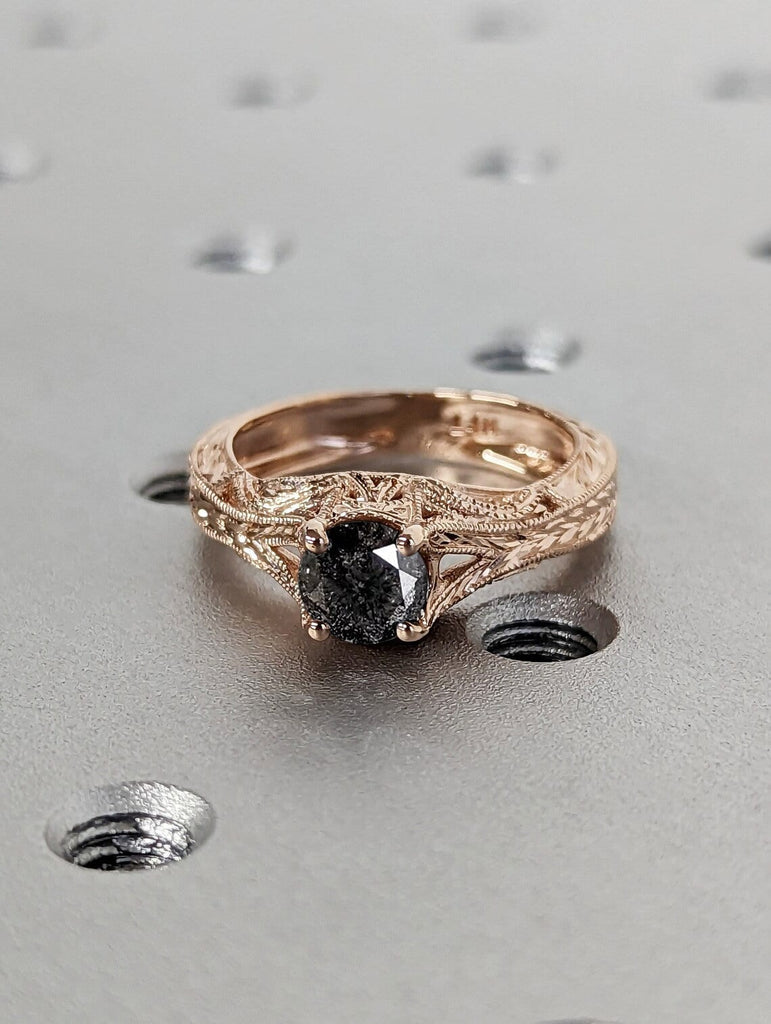 Round cut Salt and Pepper Grey Diamond Solitaire Vintage Engagement Ring | 14K Rose Gold Art Deco Filigree Statement Ring | Bridal Jewelry