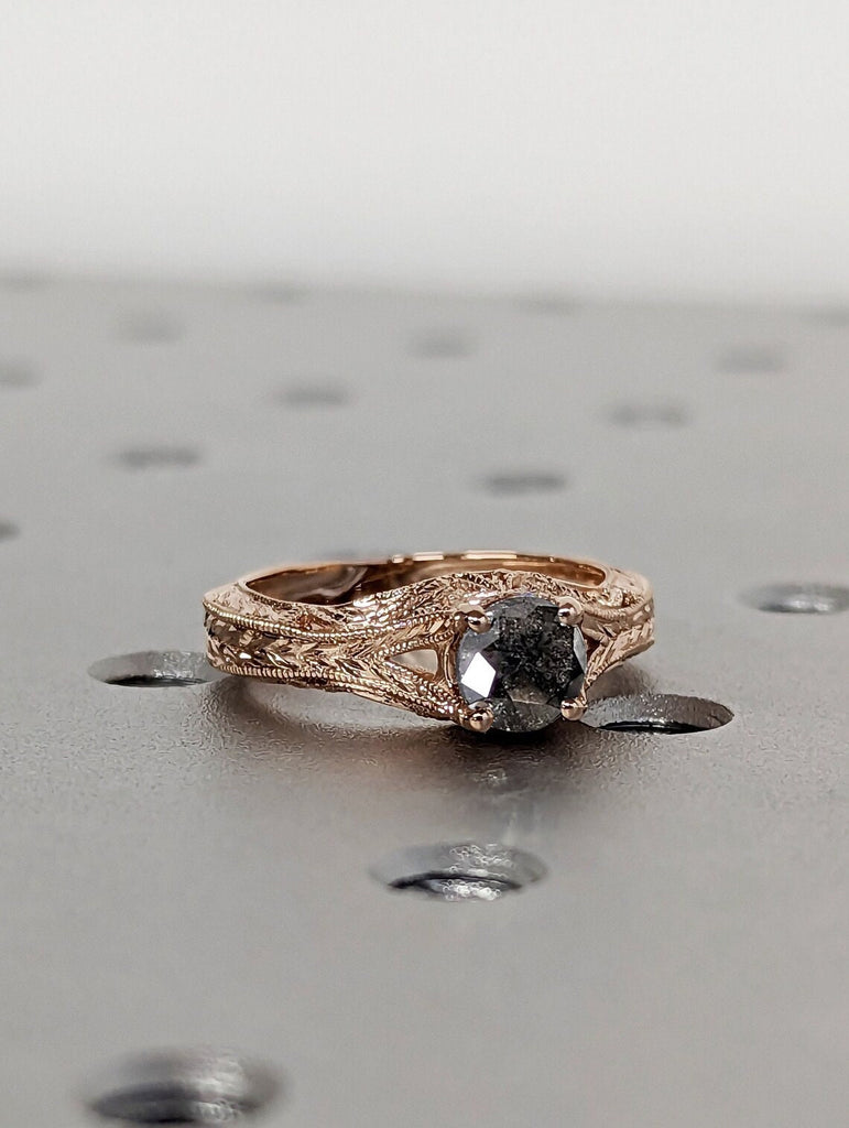 Natural Salt and Pepper Galaxy Diamond Women Wedding Anniversary Ring | 18K Rose Gold Milgrain Edged Square Band Proposal Ring for Her