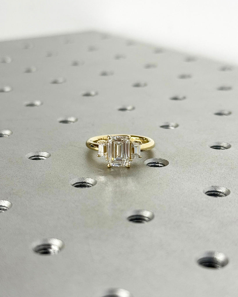 Three Stone Emerald Cut Lab Diamond Engagement Ring, Side Trapezoid Moissanite, Three Stone Engagement Ring, Emerald Cut and Trapezoid Cut