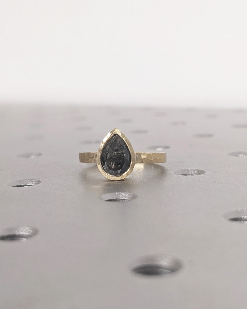Vintage Salt and Pepper Diamond Engagement Ring Yellow Gold Engagement Ring Diamond Hammered Bezel Ring Matte Finish Ring Bridal Anniversary
