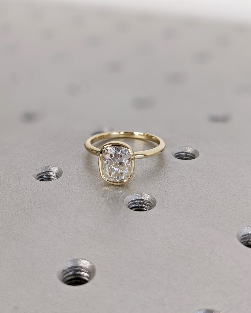 Elongated Cushion Bezel Solitaire Ring Brilliant Cut Lab Diamond Engagement Ring Dainty Promise Bezel Ring Solitaire Bezel Set Vintage Ring