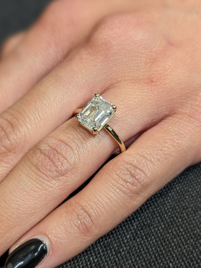 Low Profile Setting 2.5ct Emerald cut Lab Diamond Solitaire 14K Yellow Gold Open Gallery Engagement Ring