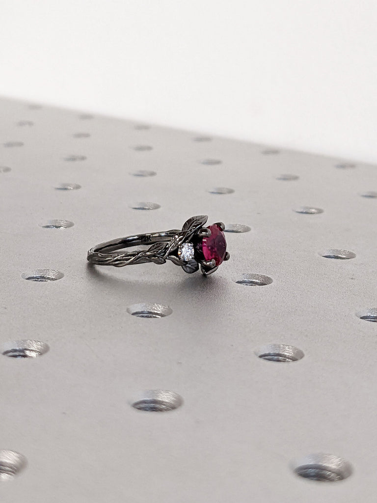 Nature Inspired 1.5ct Round Lab Ruby Wedding Anniversary Ring 14K Black Gold Twig and Leafs