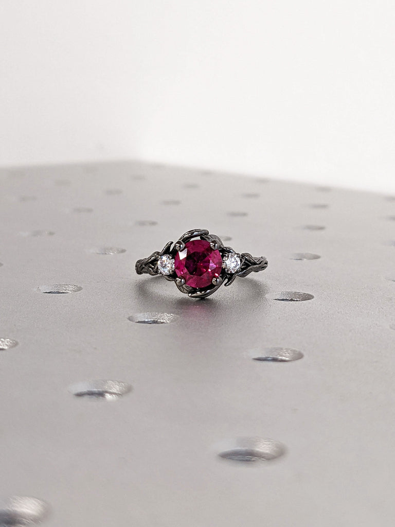 Nature Inspired 1.5ct Round Lab Ruby Engagement Ring 14K Black Gold Rustic Twig and Leaf