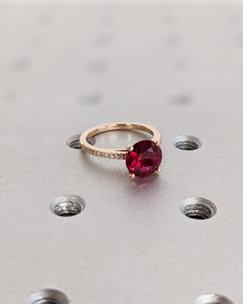 Vintage Ruby Engagement Ring 14K Rose Gold Hand Engraved Ruby Ring, Cathedral Setting, High Profile Prongs, Moissanite, Half Eternity Band