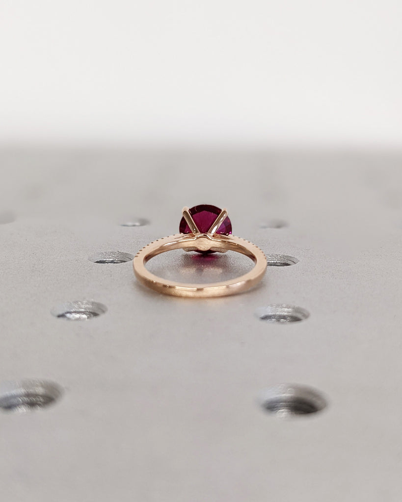 Vintage Ruby Engagement Ring 14K Rose Gold Hand Engraved Ruby Ring, Cathedral Setting, High Profile Prongs, Moissanite, Half Eternity Band