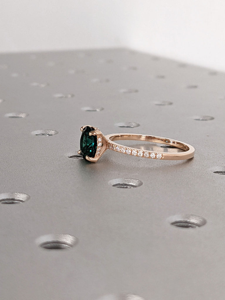 14K Rose Gold Diamond Hidden Halo Lab Emerald Solitaire Ring