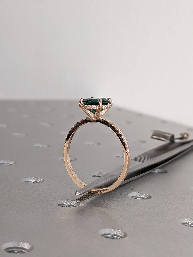 14K Rose Gold Diamond Hidden Halo Lab Emerald Solitaire Engagement Ring