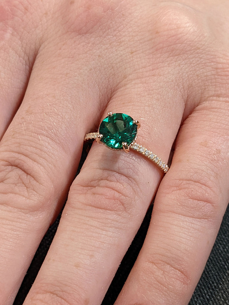 2ct Round Lab Emerald Moissanite Hidden Halo 14K Rose Gold May Birthstone Ring