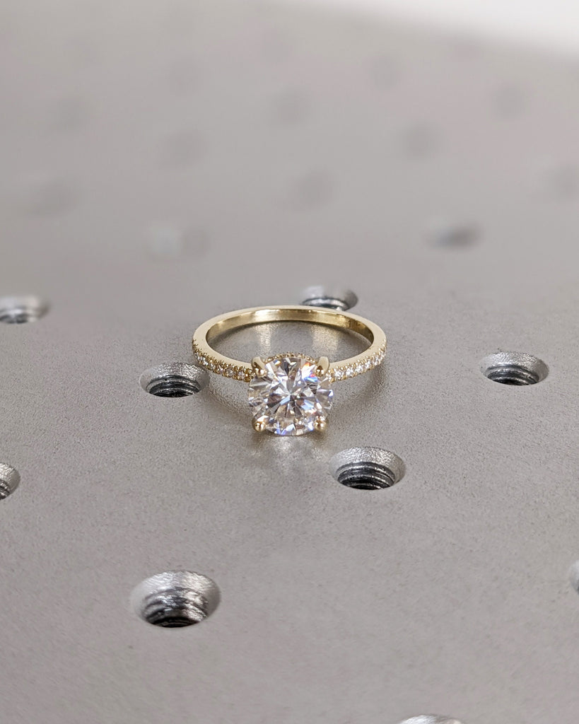 Vintage Round Lab Diamond Dainty Proposal Ring | 14K Yellow Gold Diamond Hidden Halo Wedding Anniversary Ring | Custom Gold Jewelry for Her