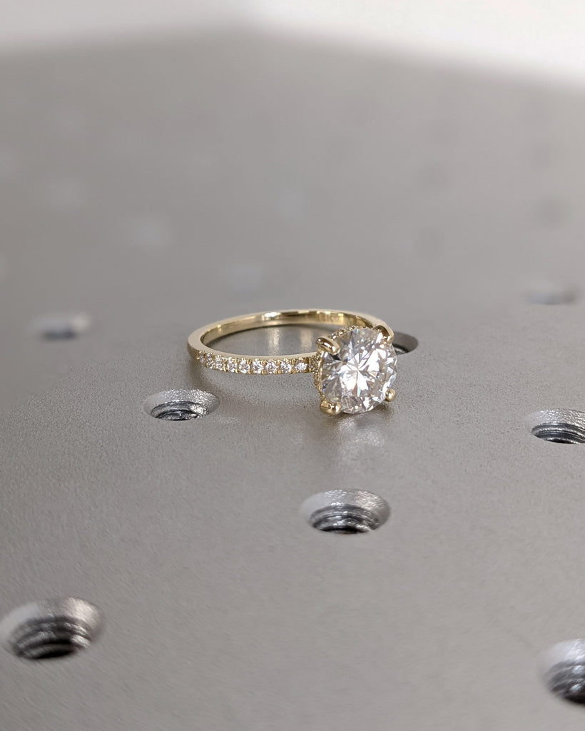 Vintage Round Lab Diamond Dainty Proposal Ring | 14K Yellow Gold Diamond Hidden Halo Wedding Anniversary Ring | Custom Gold Jewelry for Her