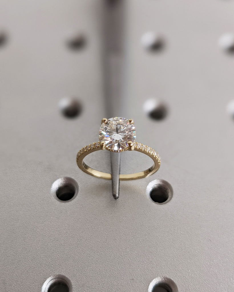 Vintage Round Lab Diamond Dainty Proposal Ring | 14K Yellow Gold Diamond Hidden Halo Wedding Anniversary Ring | Custom Gold Jewelry for Her