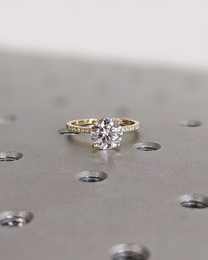 Vintage Round Lab Diamond Dainty Proposal Ring | 14K Yellow Gold Diamond Hidden Halo Wedding Anniversary Ring | Custom Gold Jewelry for Her