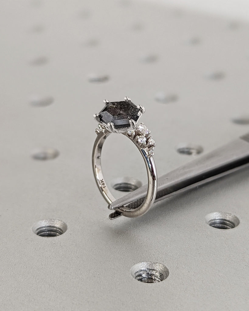 1ct Hexagon Salt and Pepper Diamond 14K Gold Engagement Ring | Unique Snowdrift 6 Prong Diamond Cluster Promise Ring | Wedding Ring for Her