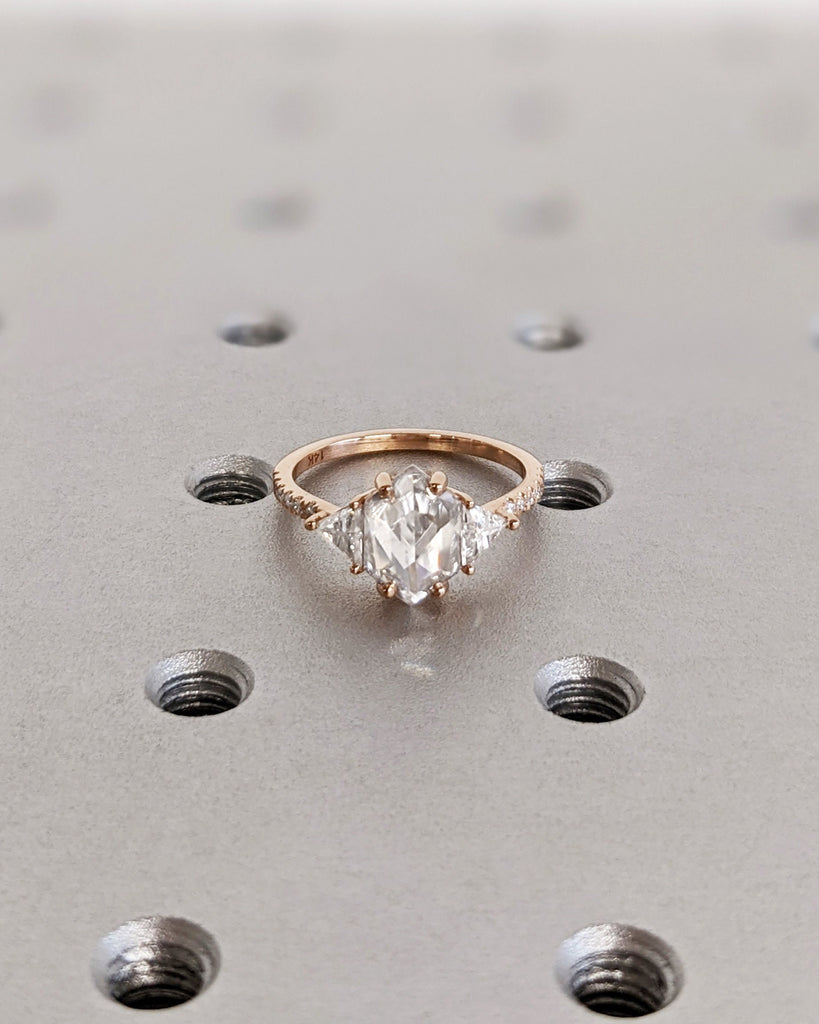 Promise Gift For Her, Unique Hexagon Moissanite Engagement Ring, 14K Rose Gold, Geometric Diamond, Side Stone Ring, Delicate Wedding Ring