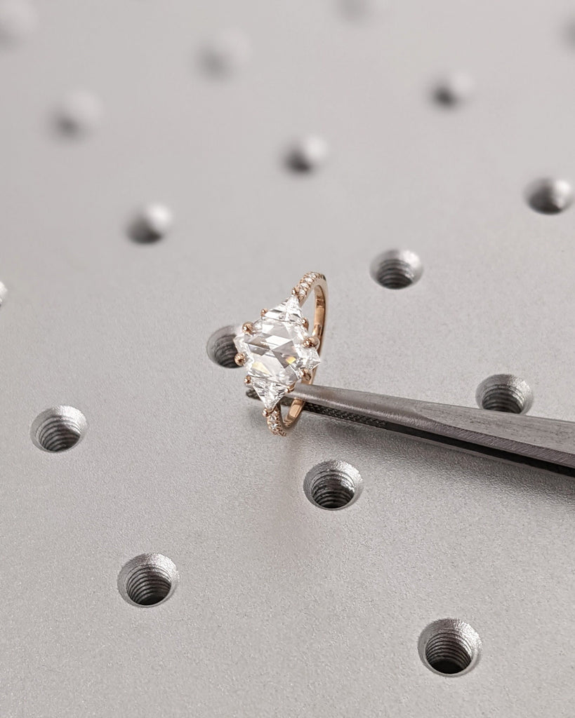 Promise Gift For Her, Unique Hexagon Moissanite Engagement Ring, 14K Rose Gold, Geometric Diamond, Side Stone Ring, Delicate Wedding Ring