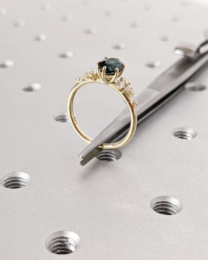 Blue Green Sapphire Ring. Peacock Engagement Ring. Oval Teal Sapphire Ring. 14K White Gold Engagement Ring. Cluster Diamond Ring. Art Deco.