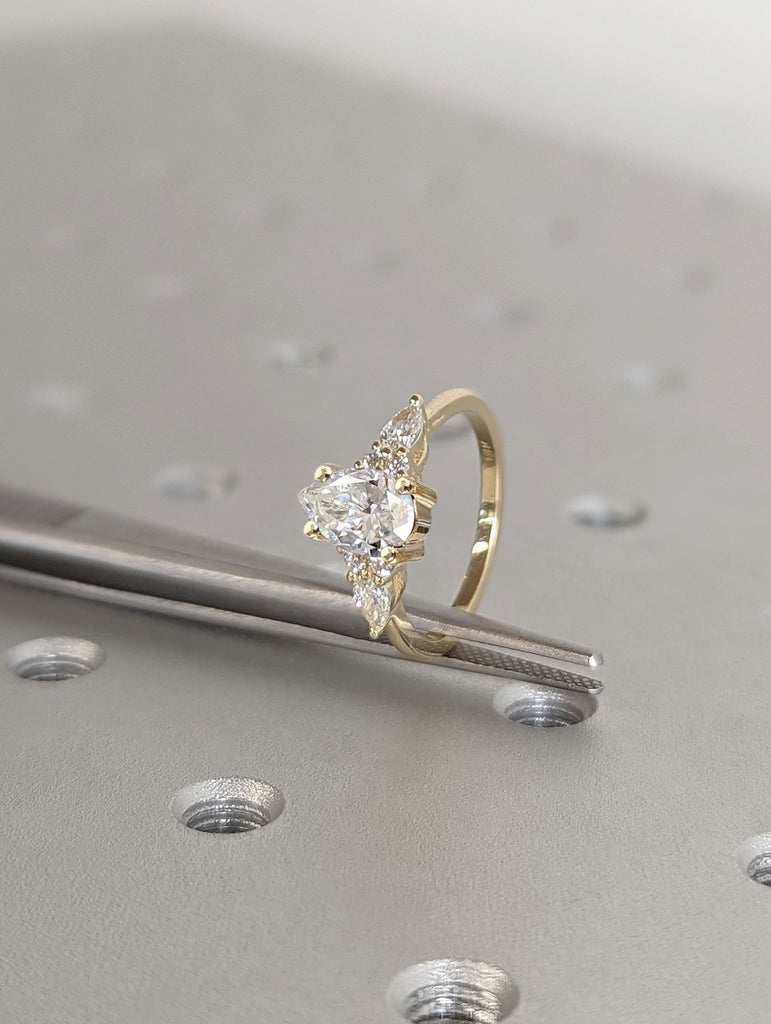 1ct Pear cut Lab Diamond 14K Yellow Gold Diamond Clusters Ring