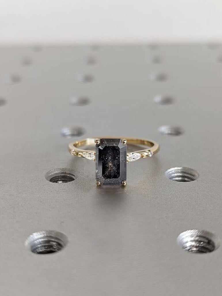 2 Carat Salt and Pepper Emerald Cut Diamond Ring | Art Deco Marquise Engagement | Minimalist Emerald Ring for a Unique and Elegant Statement