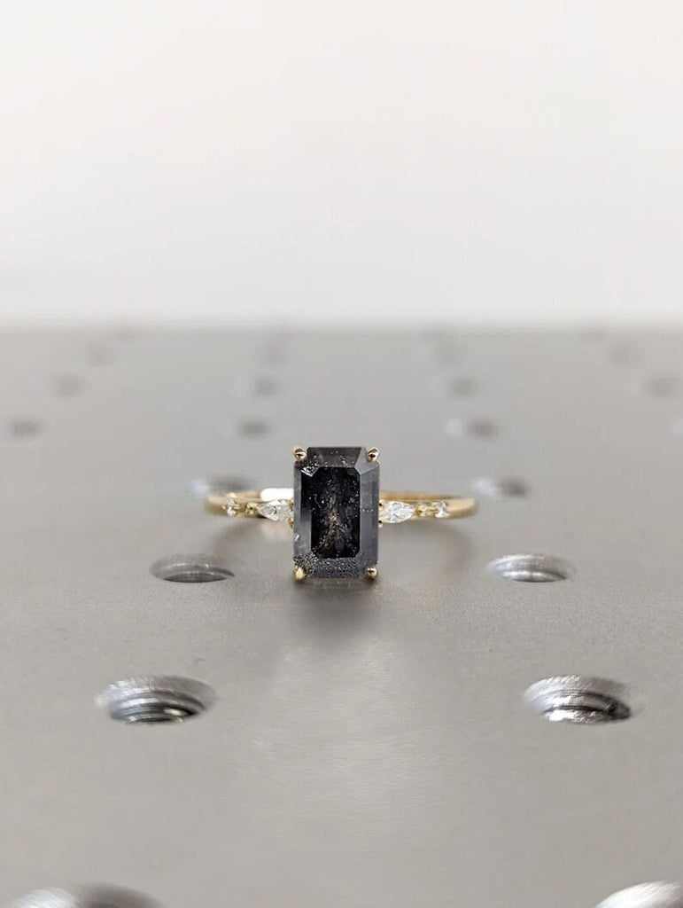 2 Carat Salt and Pepper Emerald Cut Diamond Ring | Art Deco Marquise Engagement | Minimalist Emerald Ring for a Unique and Elegant Statement