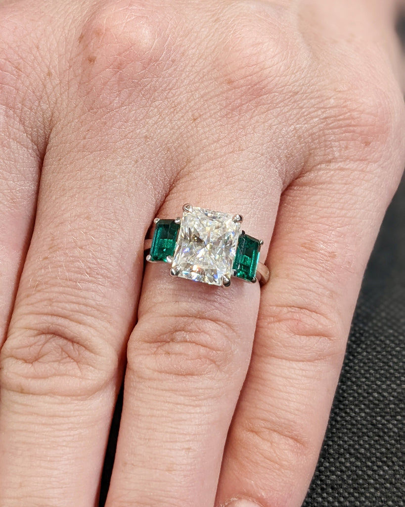 Radiant Cut Moissanite Three Stone Engagement Ring, Emerald Cut Green Emerald, Radiant Cut Ring, Trellis Setting, Moissanite Engagement Ring