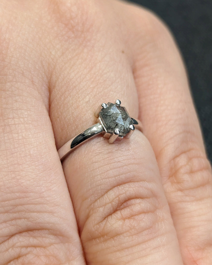Raw Diamond Hexagon Diamond, Salt and Pepper, Unique Engagement Ring, Geometric Diamond Ring, 14k Gold, Custom Handmade, Classic Solitaire image #8