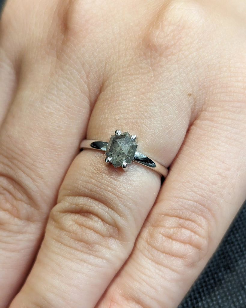 Raw Diamond Hexagon Diamond, Salt and Pepper, Unique Engagement Ring, Geometric Diamond Ring, 14k Gold, Custom Handmade, Classic Solitaire image #9
