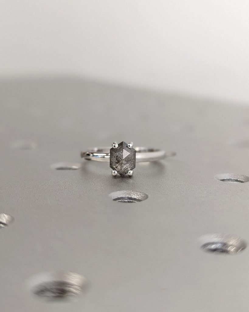 Raw Diamond Hexagon Diamond, Salt and Pepper, Unique Engagement Ring, Geometric Diamond Ring, 14k Gold, Custom Handmade, Classic Solitaire