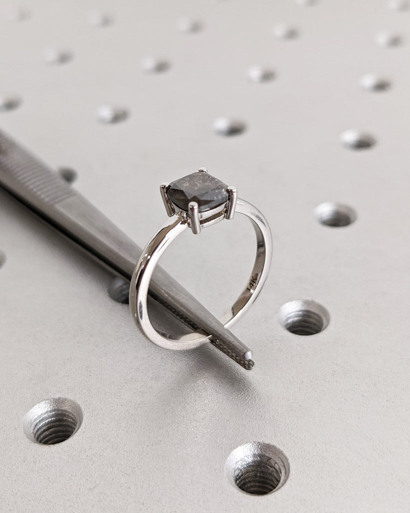 1920's Raw Salt and Pepper Diamond, Rose Cut Cushion Diamond Ring, Unique Engagement, Black, Gray Pear, 14k Yellow, Rose, White, Black Gold