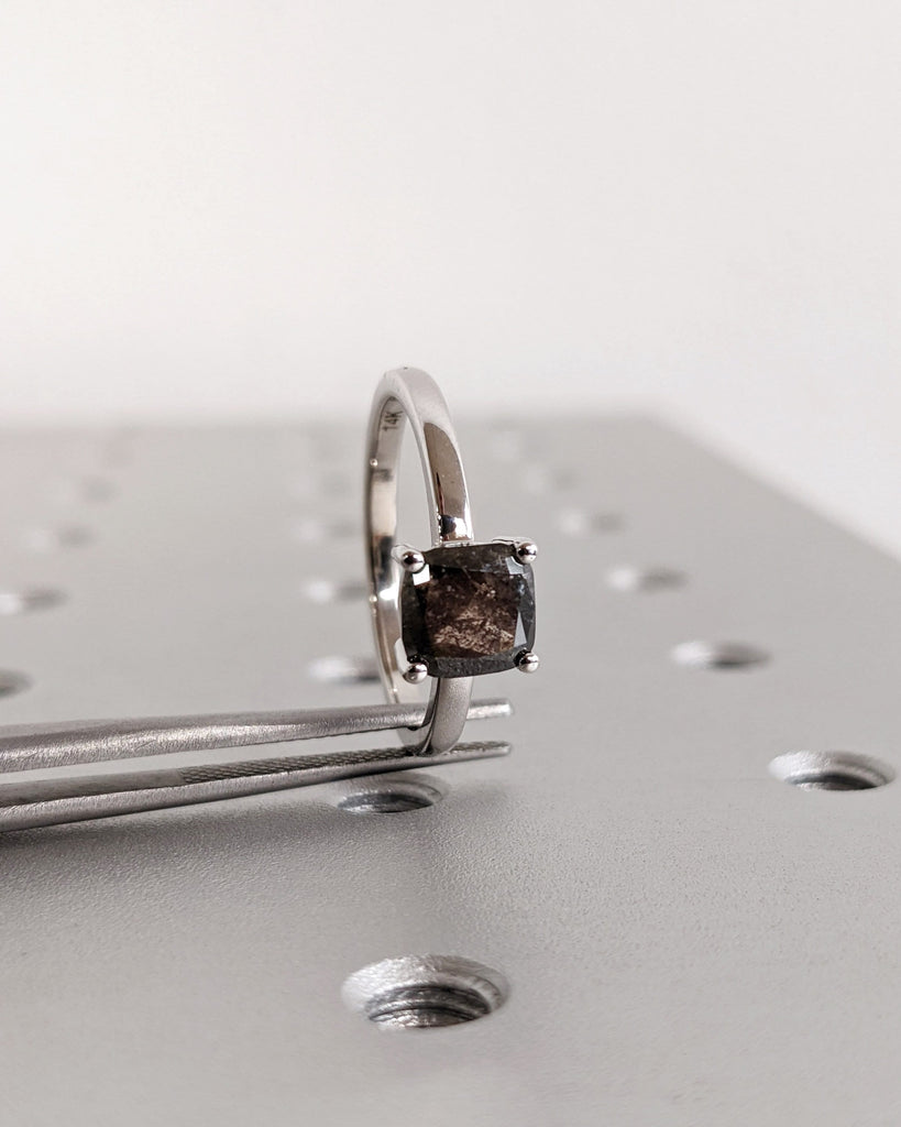 1920's Raw Salt and Pepper Diamond, Rose Cut Cushion Diamond Ring, Unique Engagement, Black, Gray Pear, 14k Yellow, Rose, White, Black Gold