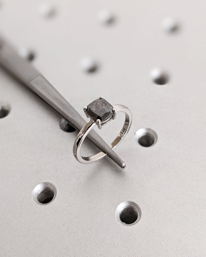 1920's Raw Salt and Pepper Diamond, Rose Cut Cushion Diamond Ring, Unique Engagement, Black, Gray Pear, 14k Yellow, Rose, White, Black Gold