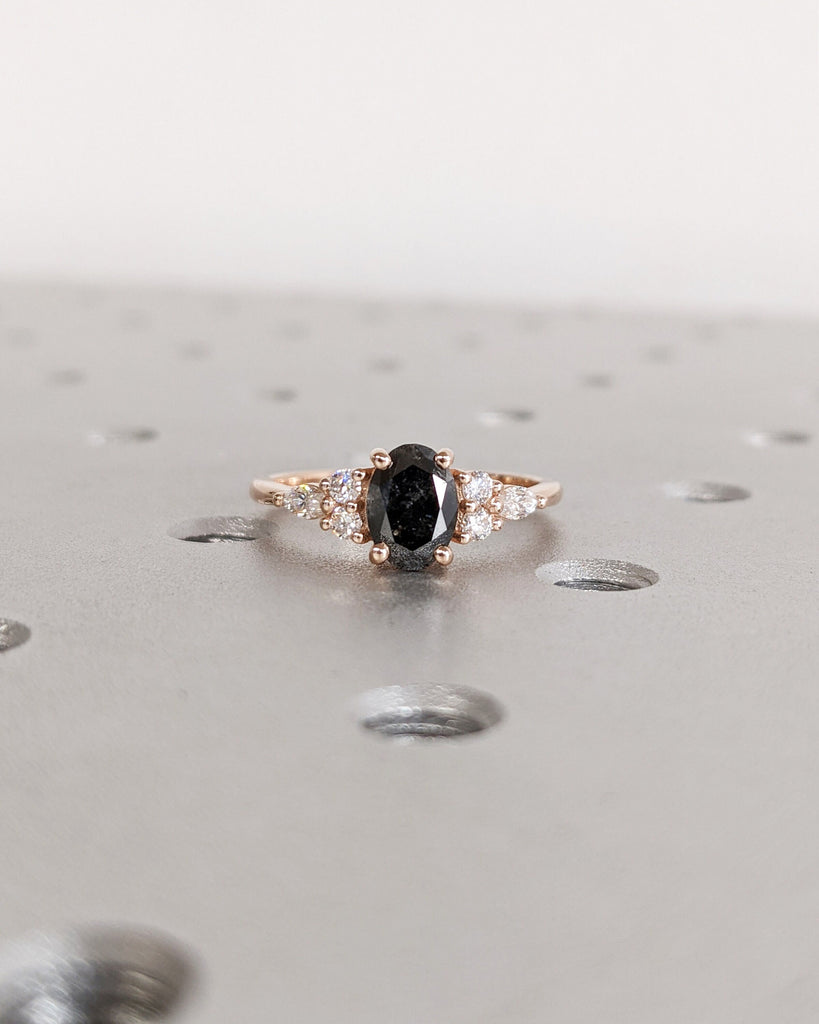 Galaxy Raw Salt & Pepper Diamond Ring For Women- Oval Cut Diamond Engagement Ring- Unique Bridal Promise Ring- 14K Solid Rose Gold- Art Deco