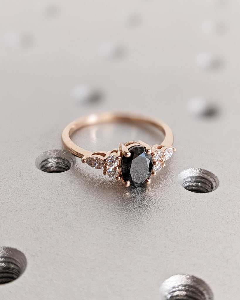 Galaxy Raw Salt & Pepper Diamond Ring For Women- Oval Cut Diamond Engagement Ring- Unique Bridal Promise Ring- 14K Solid Rose Gold- Art Deco