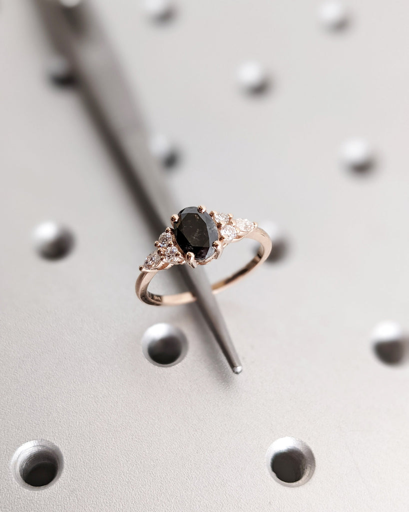 Galaxy Raw Salt & Pepper Diamond Ring For Women- Oval Cut Diamond Engagement Ring- Unique Bridal Promise Ring- 14K Solid Rose Gold- Art Deco