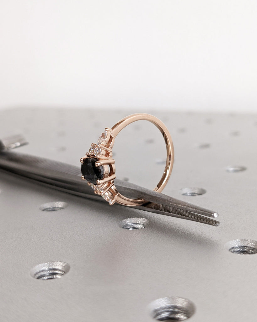 Galaxy Raw Salt & Pepper Diamond Ring For Women- Oval Cut Diamond Engagement Ring- Unique Bridal Promise Ring- 14K Solid Rose Gold- Art Deco