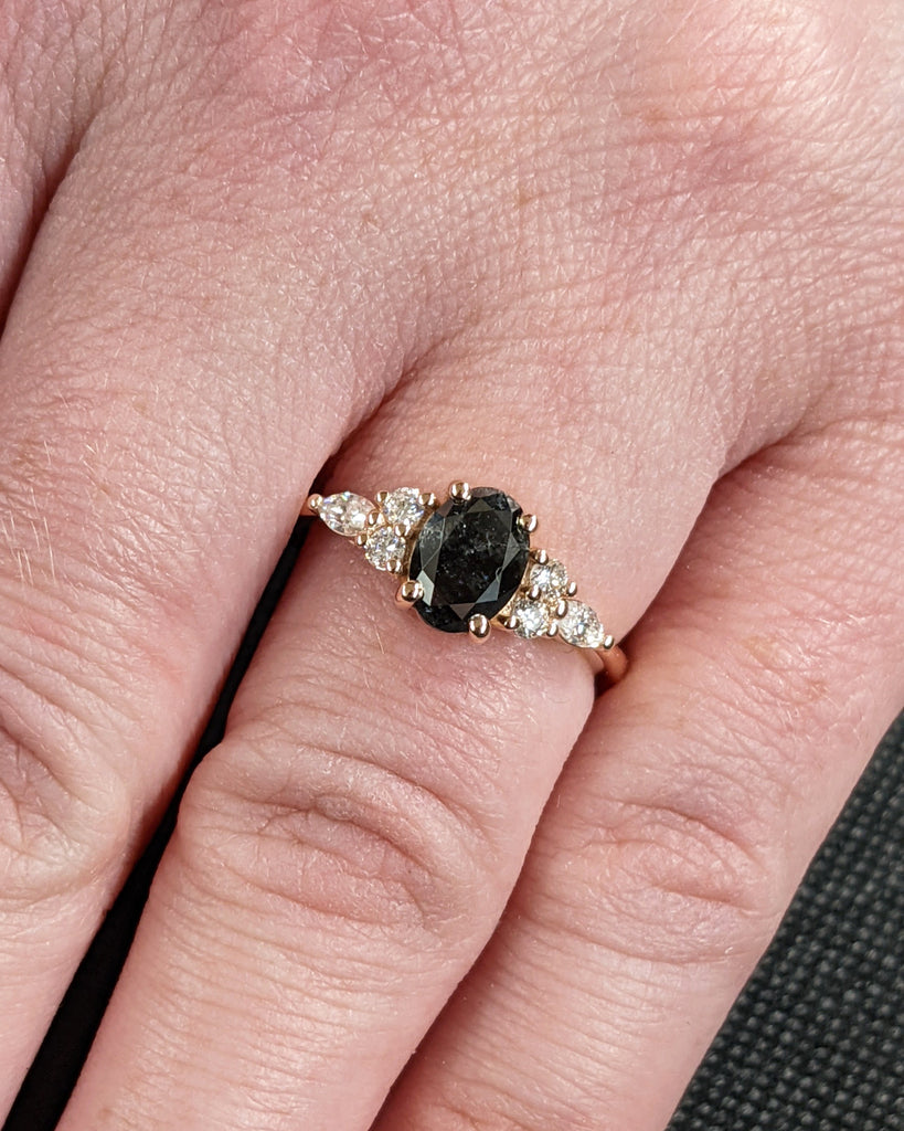 Galaxy Raw Salt & Pepper Diamond Ring For Women- Oval Cut Diamond Engagement Ring- Unique Bridal Promise Ring- 14K Solid Rose Gold- Art Deco