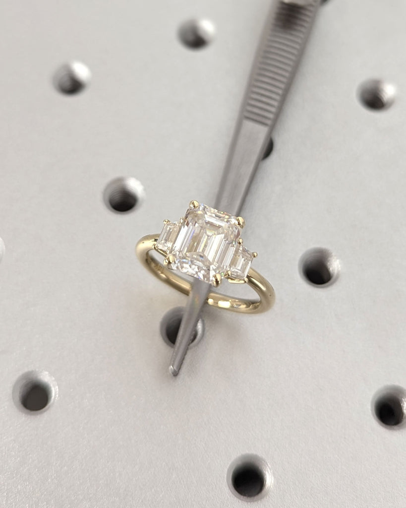 Emerald Cut Lab Diamond Engagement Ring with Trapezoid Moissanite. Three Stone Design. Trellis Setting. Elegant Timeless Three Stone Ring