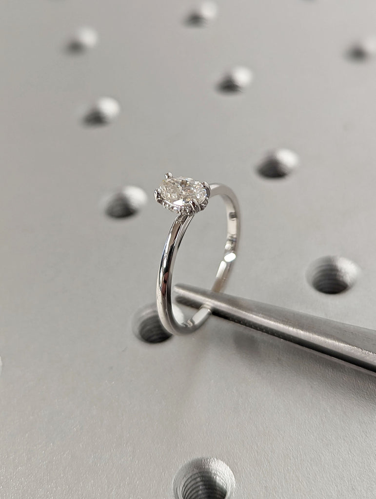 0.5ct Oval Moissanite Solitaire Wedding Ring 14K White Gold Diamond Hidden Halo