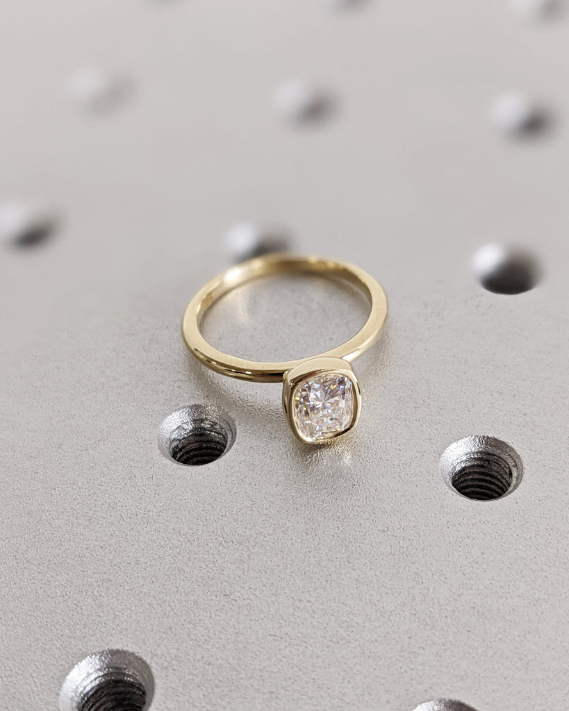 Elongated Cushion Cut Moissanite Solitaire Ring, 14K Yellow Gold Engagement Ring, Bezel Setting, Statement Ring, Gift For Her, Bridal Set