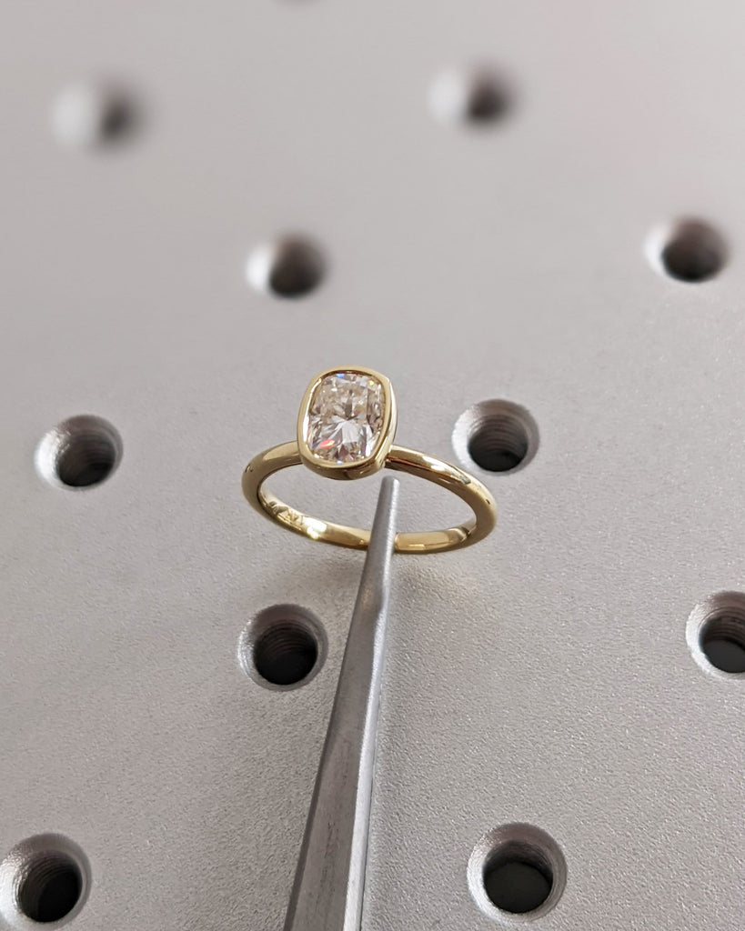 Elongated Cushion Cut Moissanite Solitaire Ring, 14K Yellow Gold Engagement Ring, Bezel Setting, Statement Ring, Gift For Her, Bridal Set