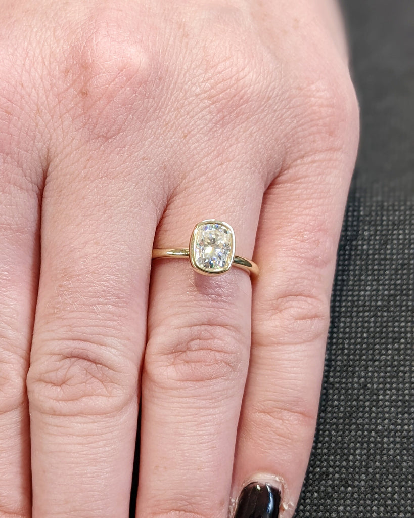 Elongated Cushion Cut Moissanite Solitaire Ring, 14K Yellow Gold Engagement Ring, Bezel Setting, Statement Ring, Gift For Her, Bridal Set