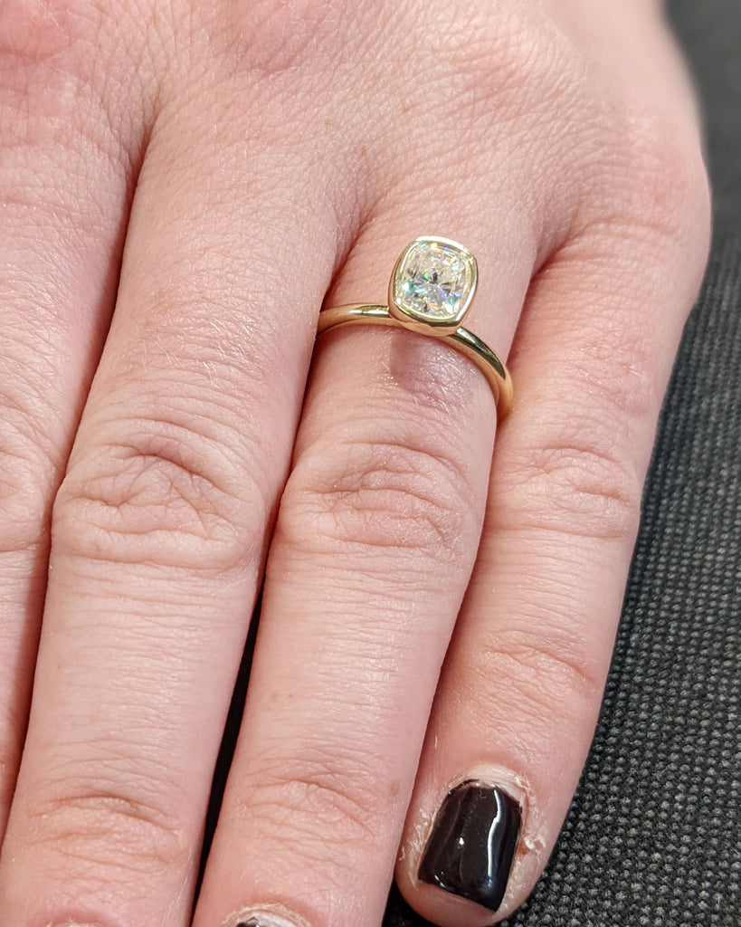 Elongated Cushion Cut Moissanite Solitaire Ring, 14K Yellow Gold Engagement Ring, Bezel Setting, Statement Ring, Gift For Her, Bridal Set