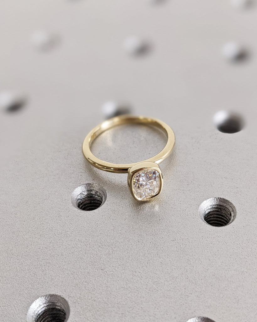 Elongated Cushion Bezel Solitaire Ring Brilliant Cut Lab Diamond Engagement Ring Dainty Promise Bezel Ring Solitaire Bezel Set Vintage Ring