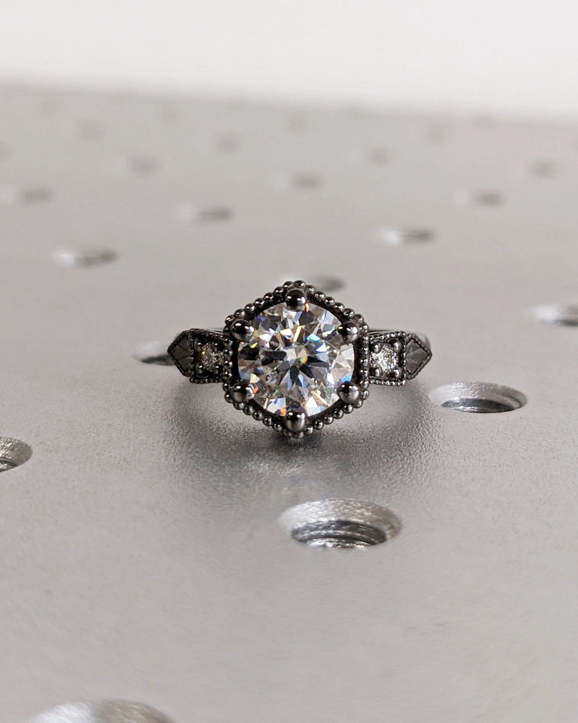 Vintage Moissanite Engagement Ring 14K Black Gold Diamond Art Deco Wedding Ring Diamond Vintage Filigree Ring Engagement Anniversary Promise