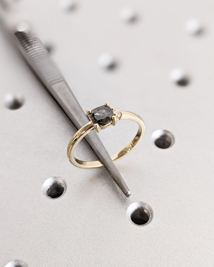 1920's Raw Salt and Pepper Diamond, Cushion Cut Diamond Ring, Unique Two Stone Engagement, 14k Yellow, Rose, White, Black Gold, Vintage Ring