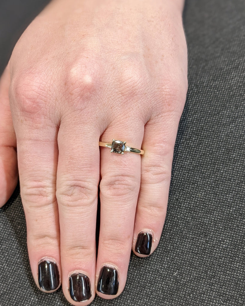 1920's Raw Salt and Pepper Diamond, Cushion Cut Diamond Ring, Unique Two Stone Engagement, 14k Yellow, Rose, White, Black Gold, Vintage Ring