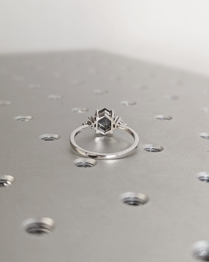 Raw Diamond Hexagon Diamond, Salt and Pepper, Unique Bridal Engagement, Triangle Baguette Cut Geometric Ring, Custom Handmade, Moissanite